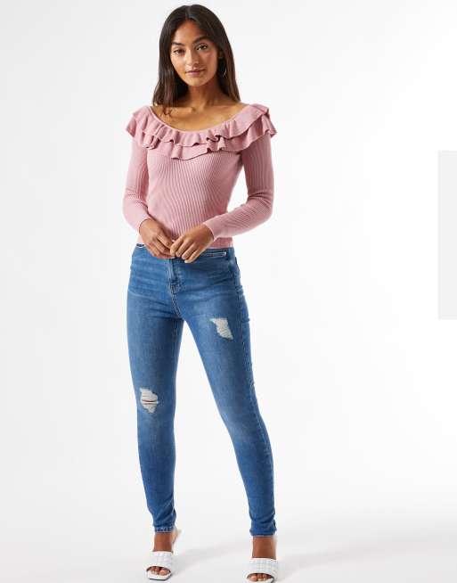 Miss Selfridge Petite – Rosa tröja i pointelle med bardotringning, 3 av 4