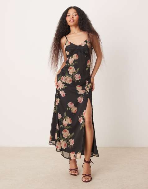 Miss Selfridge Petite – Rosmönstrad maxi-slipklänning i chiffong med spetskanter - view 1