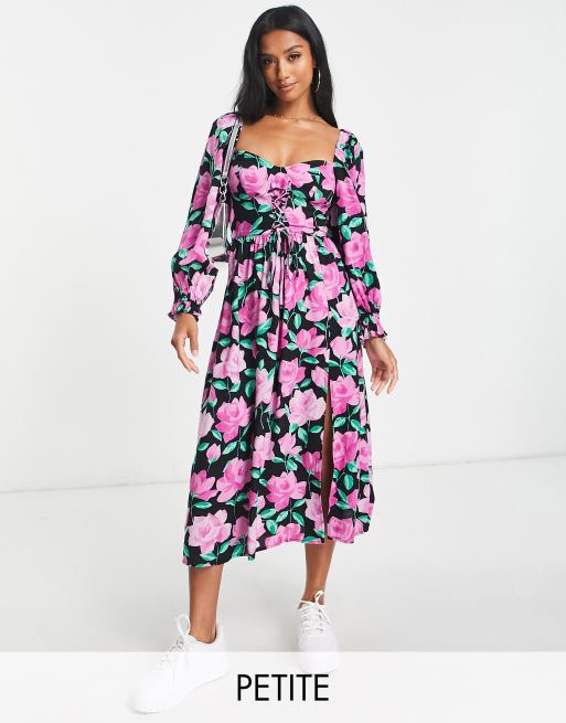 Miss Selfridge Petite – Rosmönstrad midiklänning i oversize med korsettdetalj 