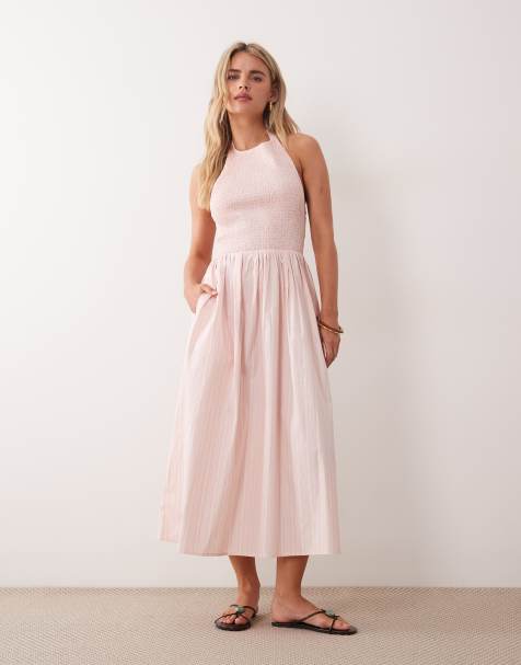 Miss Selfridge Petite – Różowa marszczona sukienka maxi z dekoltem halter w paski - view 1