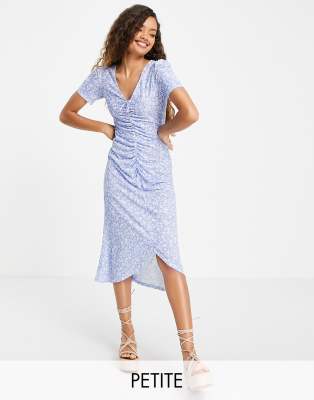 Miss Selfridge Petite ruched front midi dress in blue ditsy-Blues