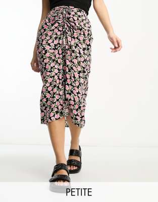 Miss Selfridge Petite Ruched Front Midi Skirt In Black Rose