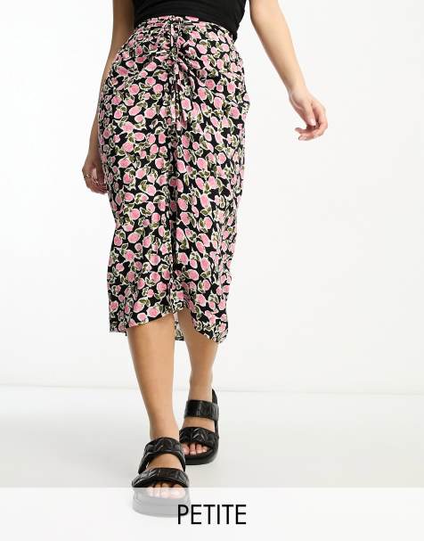 Miss Selfridge Petite ruched front midi skirt in black rose 