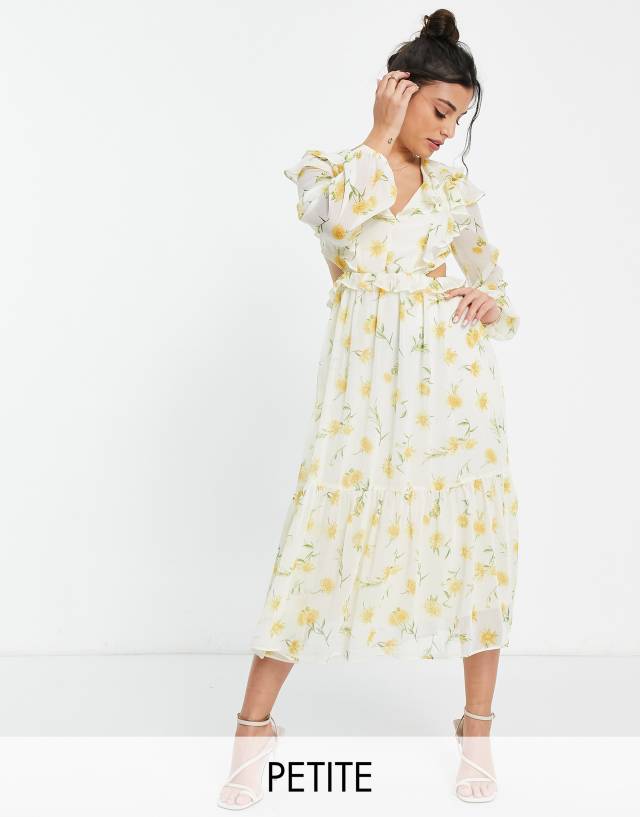 Miss Selfridge Petite ruffle cut out midi dress in yellow sunflower