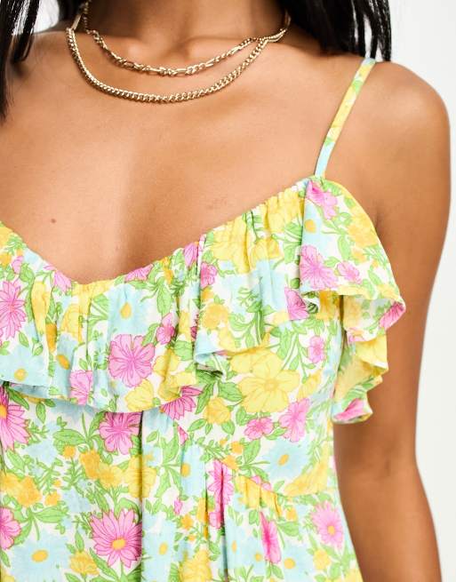 Miss Selfridge Petite ruffle detail frill hem midi slip dress in bright cluster floral ASOS