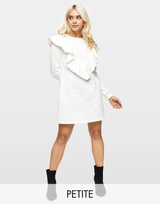 Miss Selfridge Petite ruffle detail sweatshirt dress in ivory-White