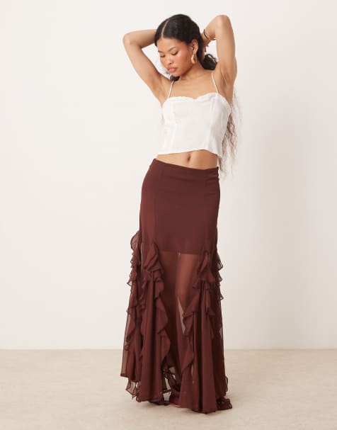 Miss Selfridge Petite ruffle flare insert maxi skirt in brown - view 1