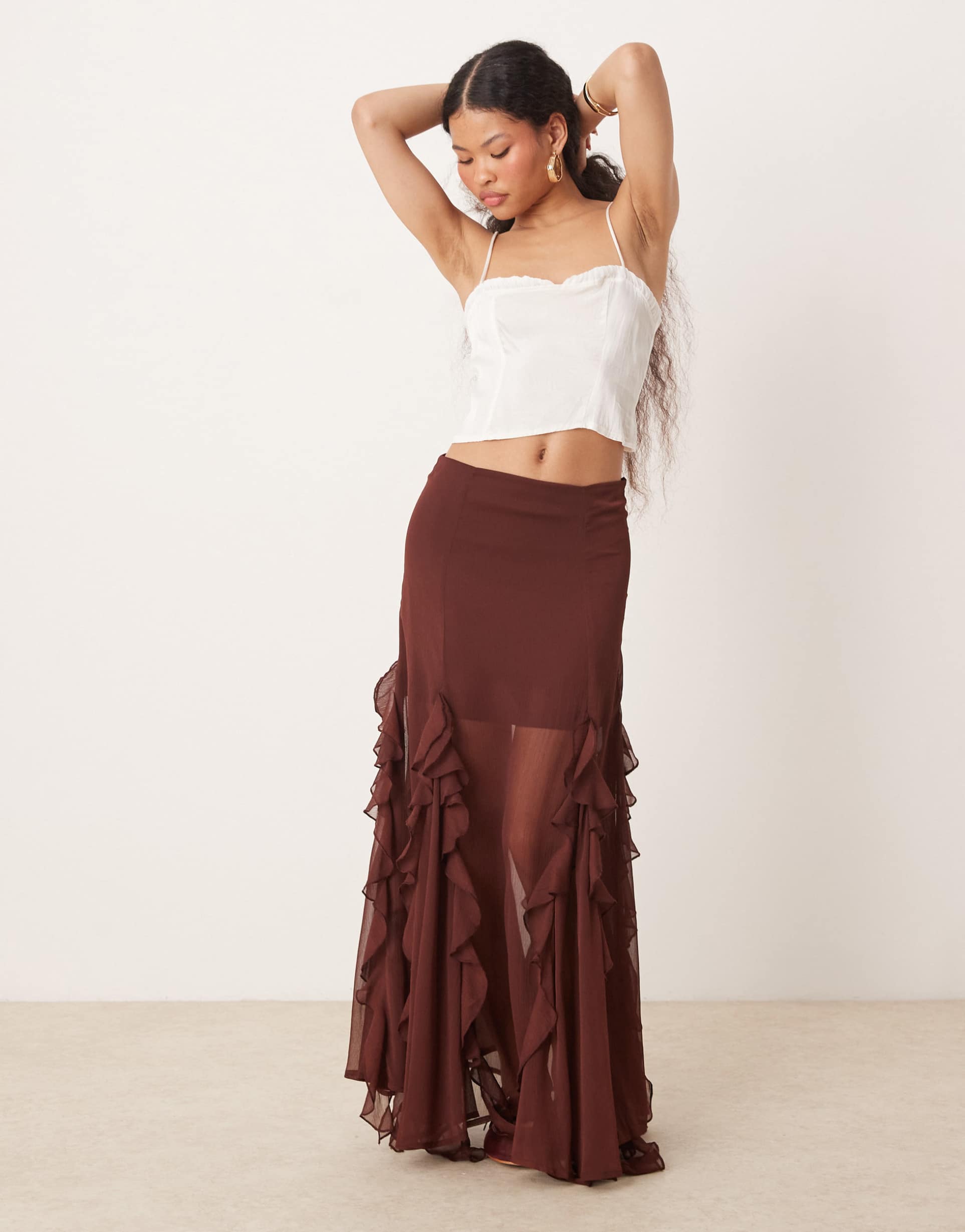 miss selfridge petite ruffle flare insert maxi skirt in brown