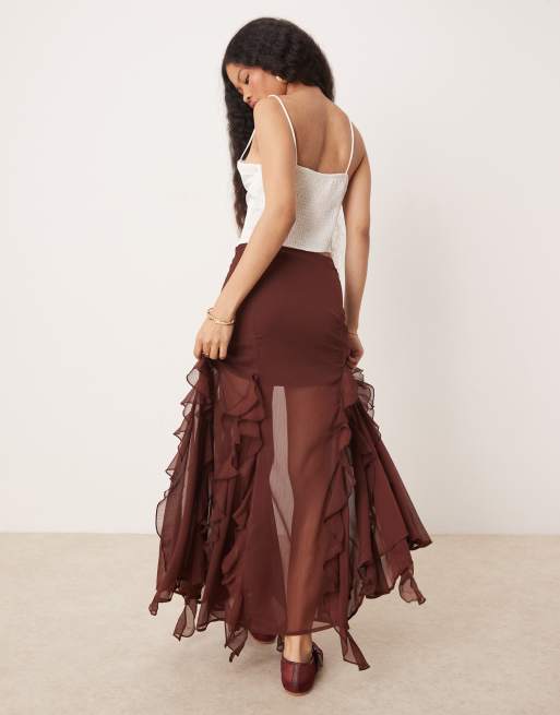 Miss Selfridge Petite ruffle flare insert maxi skirt in brown ASOS