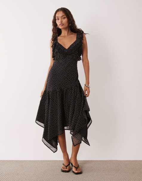 Miss Selfridge Petite ruffle hanky hem chiffon maxi dress in polka dot - view 1