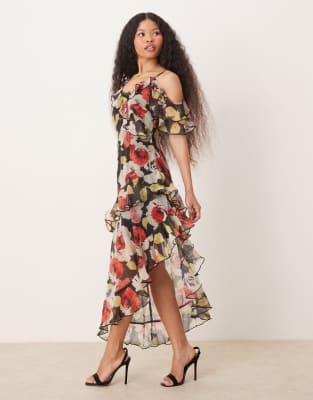 ruffle maxi dress in floral print-Multi