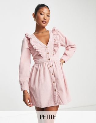 Miss Selfridge Petite Ruffle Yolk Corduroy Dress In Pink-no Color