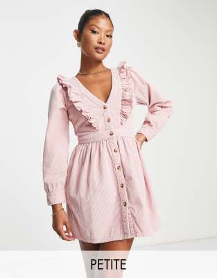 Miss Selfridge Petite ruffle yolk corduroy dress in pink