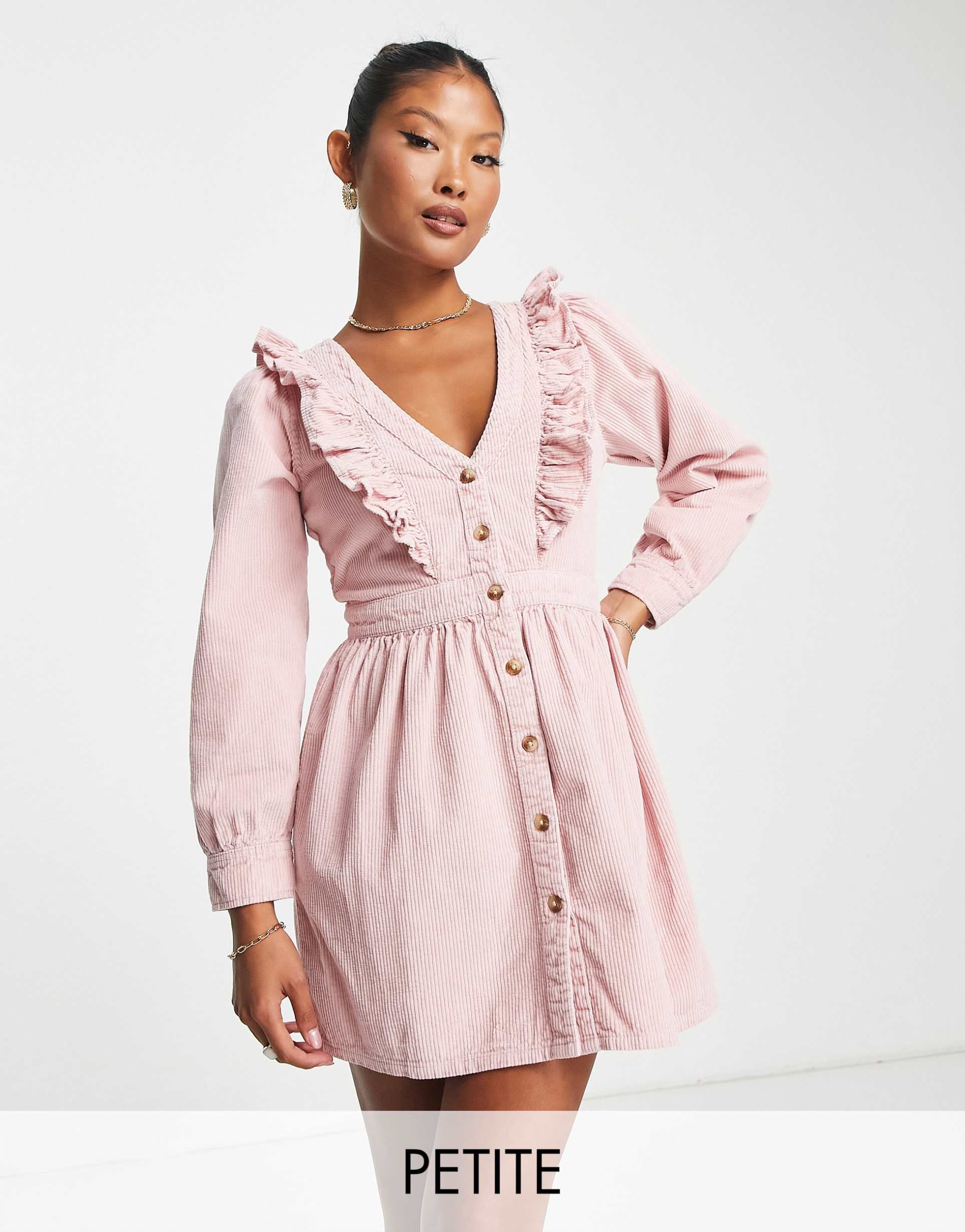 miss selfridge petite ruffle yolk corduroy dress in pink