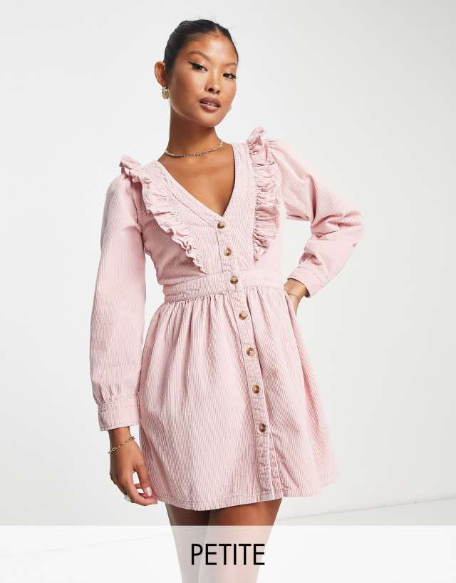 Miss Selfridge petite ruffle yolk corduroy dress in pink