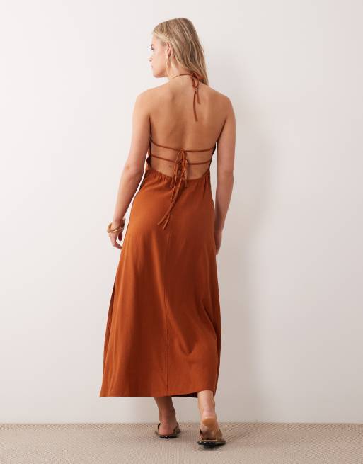 Miss Selfridge Petite - Rustfarvet maxikjole med halterneck i hørlook, 2 af 4