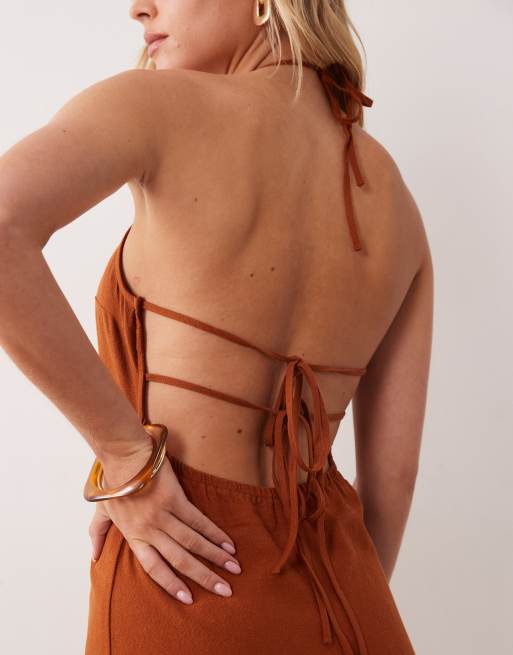 Miss Selfridge Petite - Rustfarvet maxikjole med halterneck i hørlook, 4 af 4