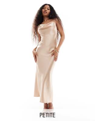 Petite satin asym cowl maxi dress-Gold