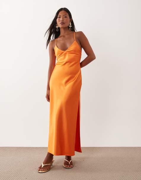 asos neon orange dress ASOS DESIGN embellished asymmetric mini dress with tie straps in bright  orange