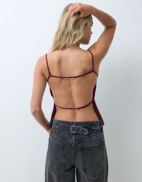 Miss Selfridge petite satin backless cami co-ord in berry - view 1