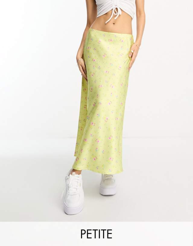 Miss Selfridge Petite satin bias maxi skirt in yellow ditsy