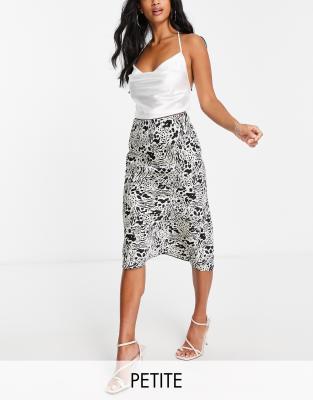 Miss Selfridge Petite satin bias midi skirt in mono animal part