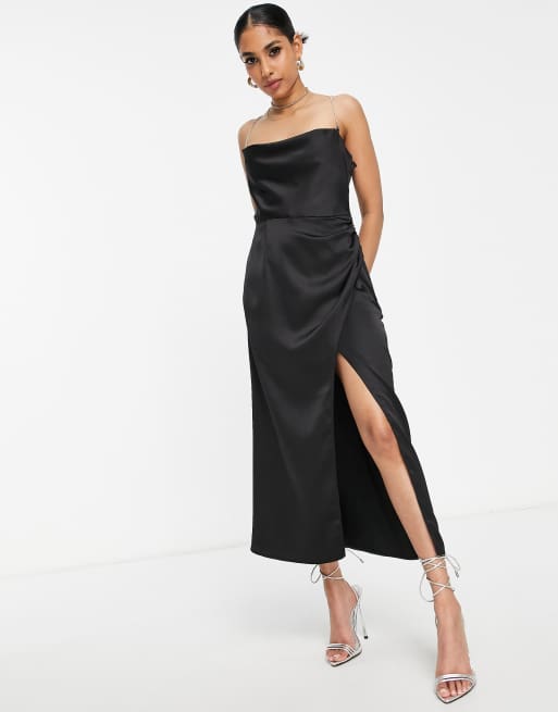 Miss Selfridge Petite satin cowl crystal strap midi slip dress in black