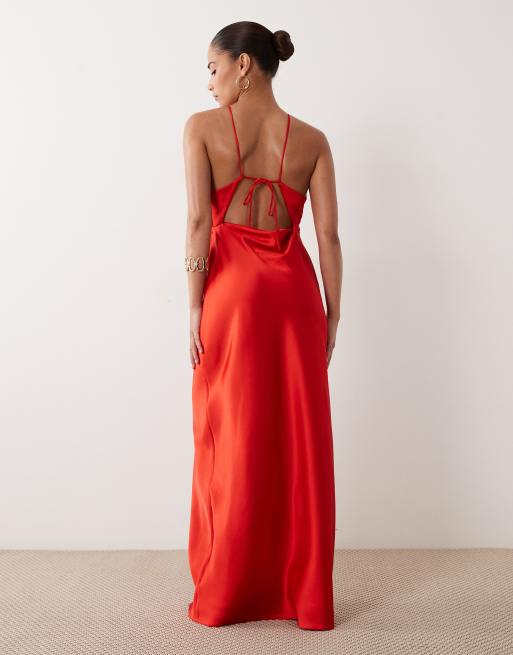 Miss Selfridge petite satin kjole med bindebånd i ryggen i rød, 4 af 4