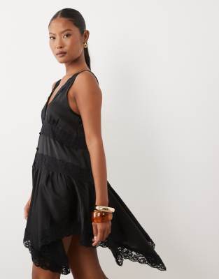 Miss Selfridge Petite Satin Lace Insert Hanky Hem Mini Dress In Black