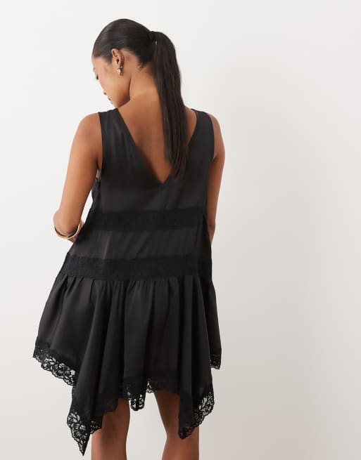 Miss Selfridge Petite satin lace insert hanky hem mini dress in black, 3 of 4