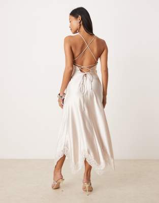 Miss Selfridge Petite satin maxi dress with lace insert in ivory | ASOS