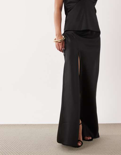 Miss Selfridge Petite satin maxi skirt co-ord in black, 2 of 5