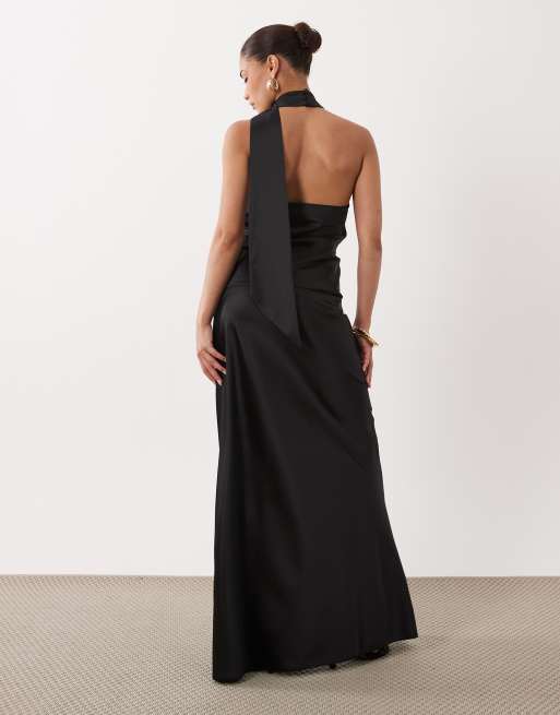 Miss Selfridge Petite satin maxi skirt co-ord in black, 5 of 5