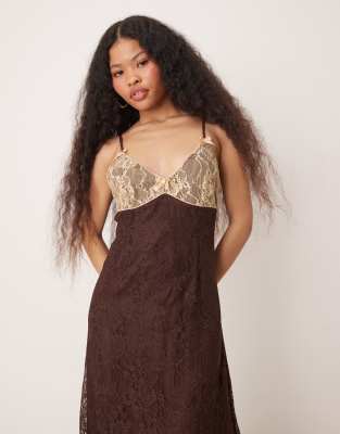 satin maxi slip dress with contrast lace in chocolate-Brown