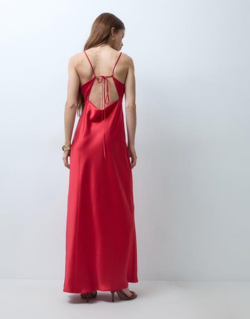 Miss Selfridge Petite Satin-Maxikleid mit Bindeband am Rücken in Rot, 4 von 4