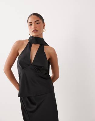 Miss Selfridge Petite Satin Scarf Detail Top In Black