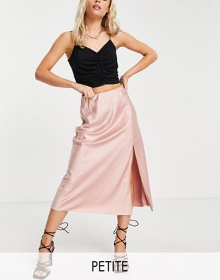 Miss Selfridge Petite satin split midi skirt in pink