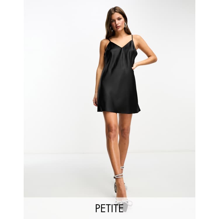 Miss Selfridge Petite satin swing mini slip dress in black