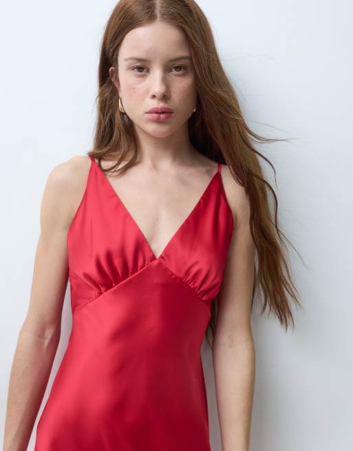 Miss Selfridge Petite satin tie back maxi dress in red, 3 of 4