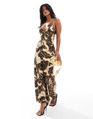 satin tie front maxi slip dress in animal print-Multi