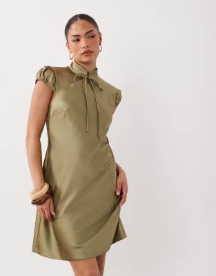 Miss Selfridge Petite Satin Tie Neck Mini Dress In Green