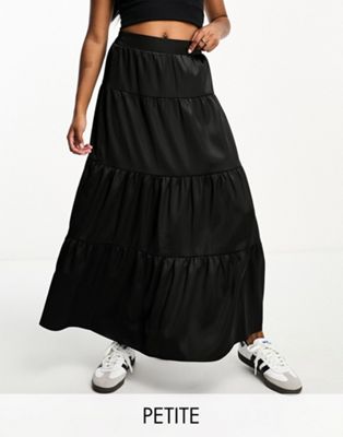 Miss Selfridge Petite Satin Tiered Maxi Skirt In Black