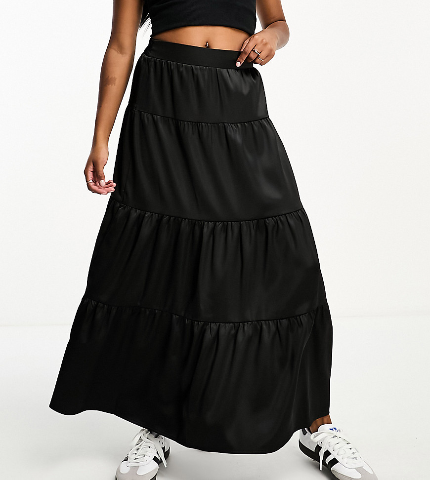 satin tiered maxi skirt in black