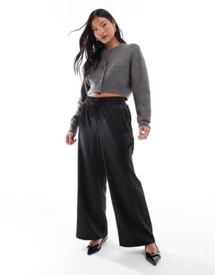 satin wide leg pants in black