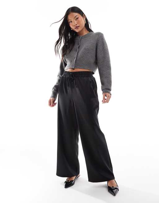 Miss Selfridge Petite satin wide leg trouser in black | ASOS