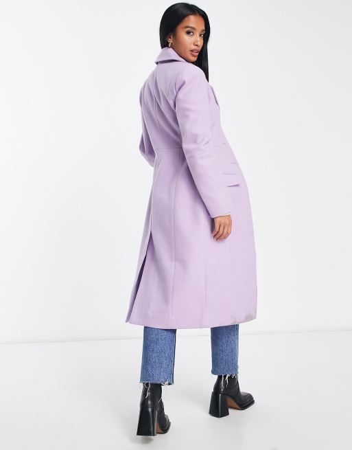 Miss Selfridge Petite sculpted maxi coat with diamante button in lilac