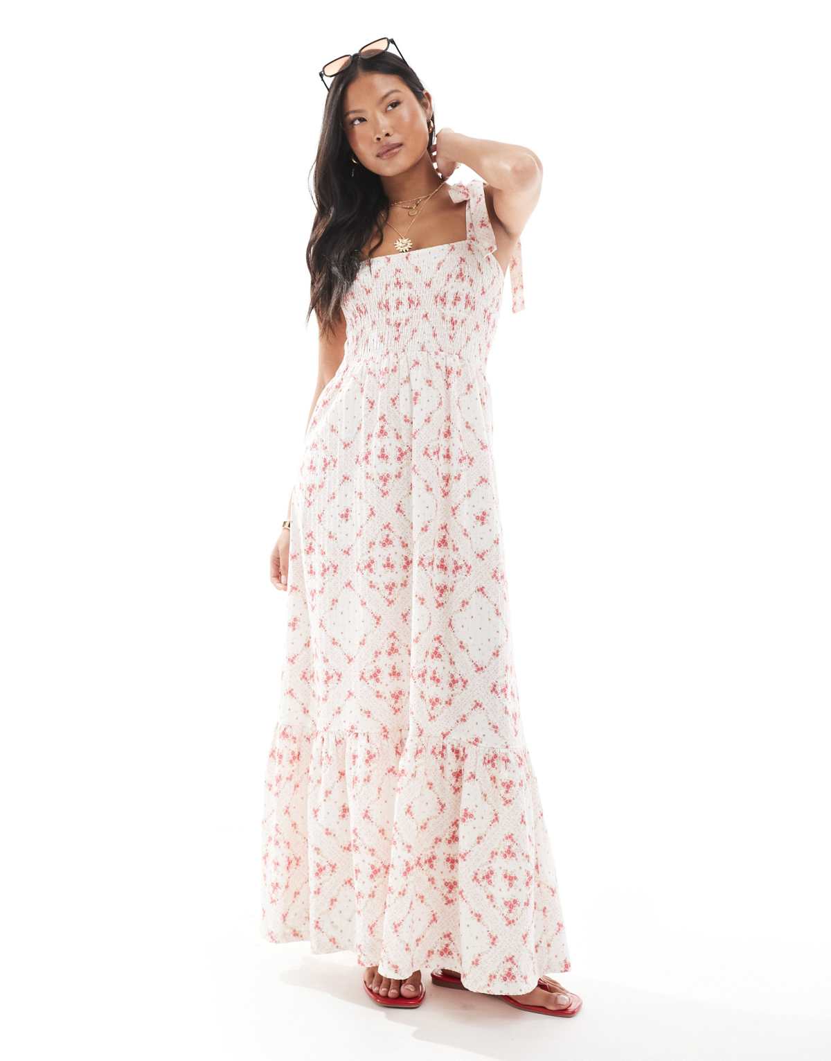 Miss Selfridge Petite seersucker tie shoulder tiered maxi dress in scarf print