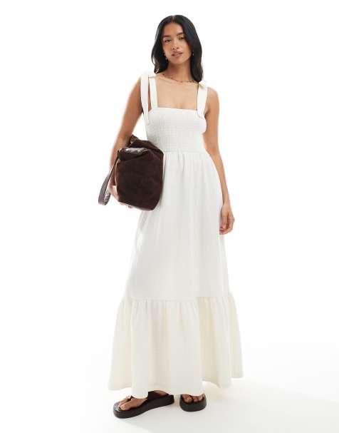 Miss Selfridge Petite seersucker tie shoulder tiered maxi dress in vanilla - view 1