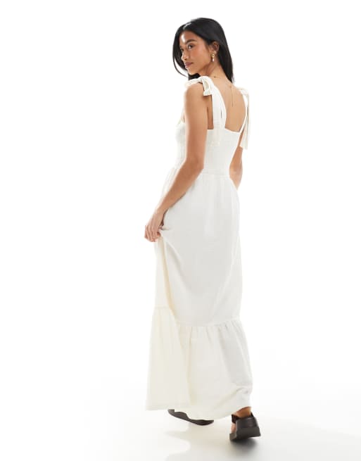 Miss Selfridge Petite seersucker tie shoulder tiered maxi dress in vanilla