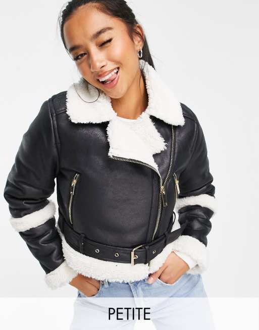 Miss Selfridge Petite shearling cropped aviator jacket in black | ASOS